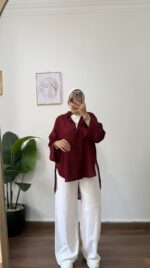 Burgundy linen shirt - Image 4